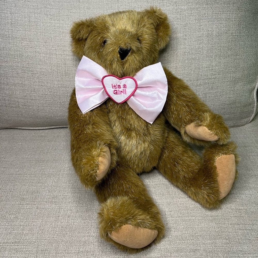 Vermont It’s A Girl Pink Now Tie Brown Teddy Bear Soft Gift 15inch